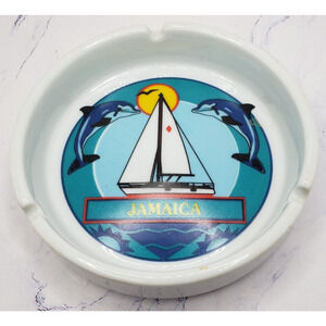 Jamaica White 5 Inch Souvenir Ashtray Water Sailboat Dolphins